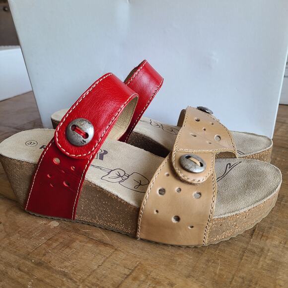 Women's Romika Beach Coral Leather Tan Red Sandal Platform‎ Slip on Sz 37 CORK 6 - Picture 1 of 8